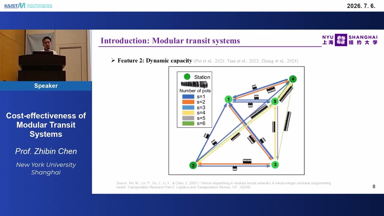 Prof. Zhibin Chen lecturing on modular transit and the cost-effectiveness of modular autonomous vehicles at the 2026 Jeju Summer Camp