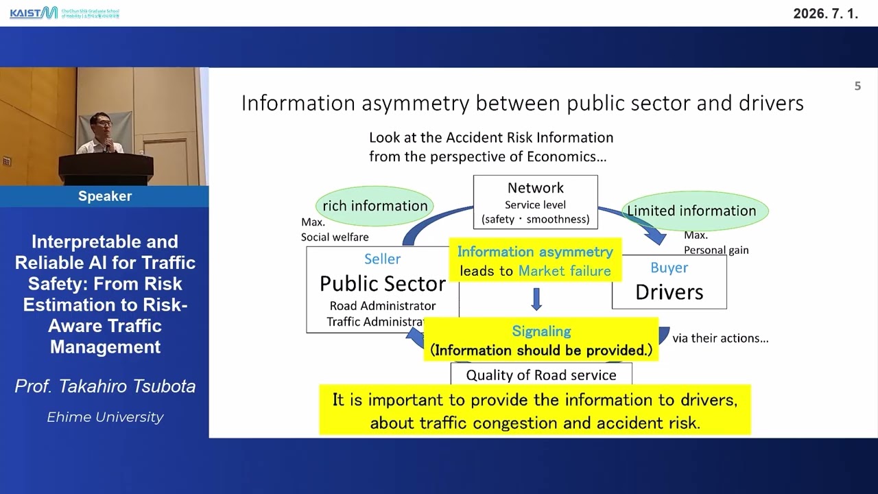 Prof. Takahiro Tsubota lecturing on accident risk estimation and interpretable AI for traffic safety at the 2026 Jeju Summer Camp