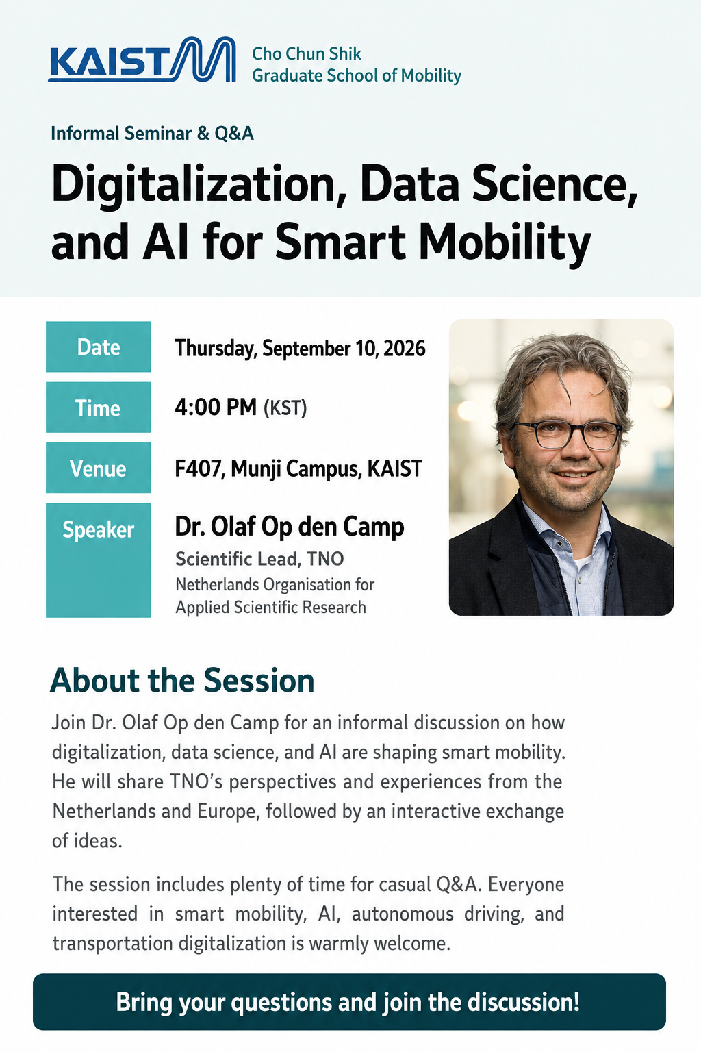 Smart mobility seminar poster: Dr. Olaf Op den Camp, TNO, September 10 2026, F407 Munji Campus KAIST